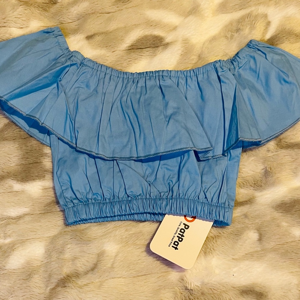 Parrot Sky Blue Off-Shoulder Ruffle Tank - Picture 4 of 6